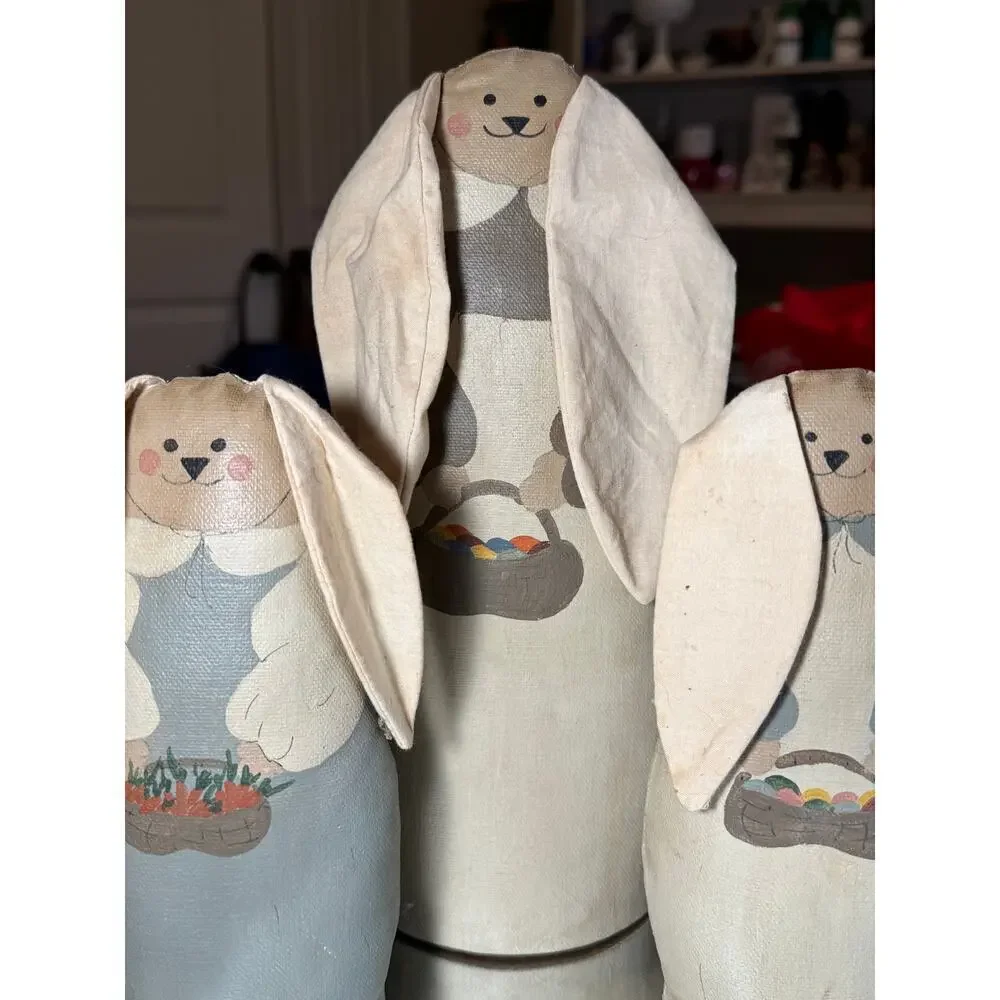 Handcrafted, Vintage Set of 3 Easter Bunnies. Handpainted fabric, wood bases'90